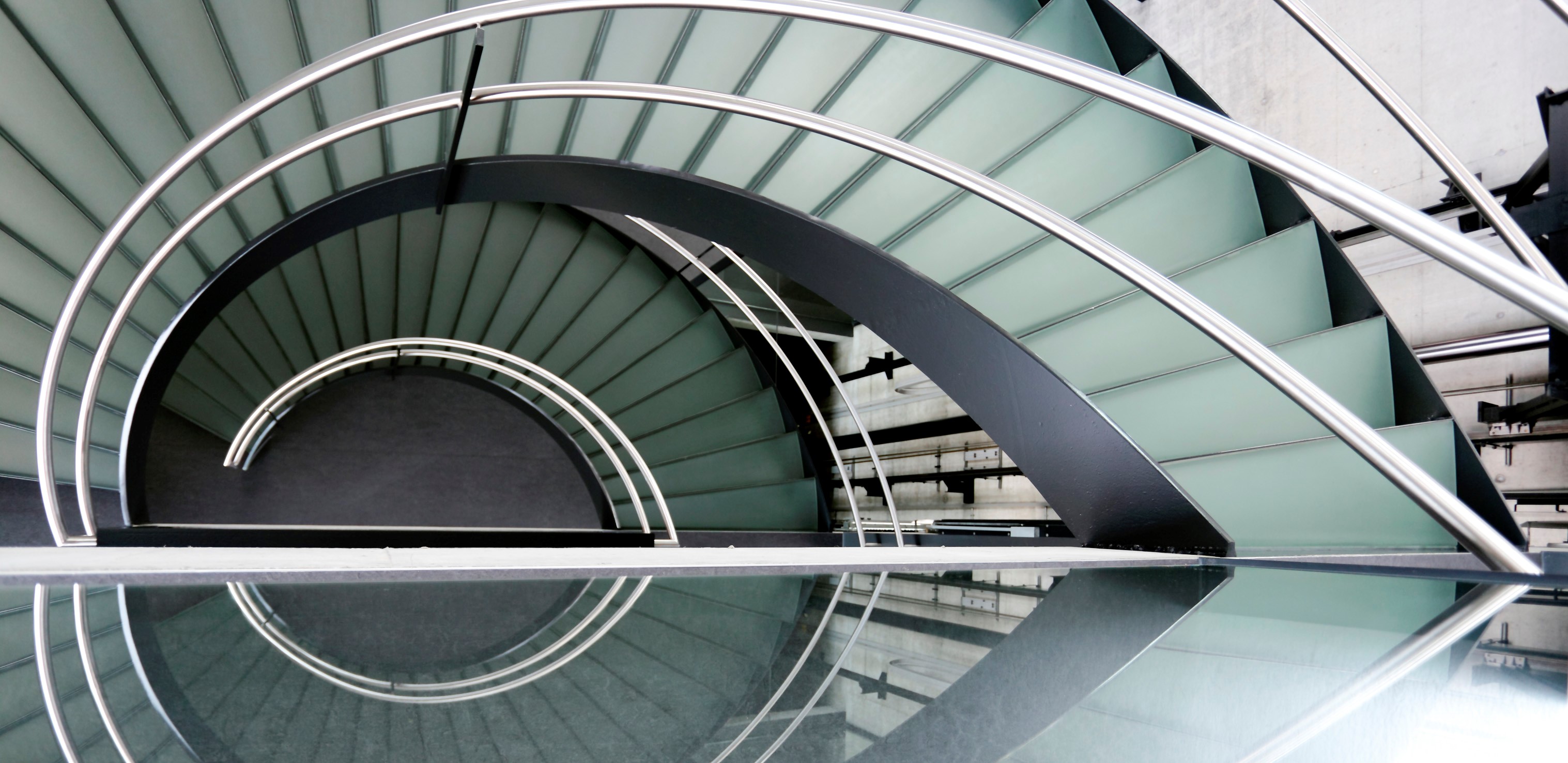 View of a complex winding staircase from above
